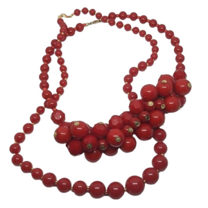 Curated bundle lot 2 vintage true red beaded necklaces retro chic